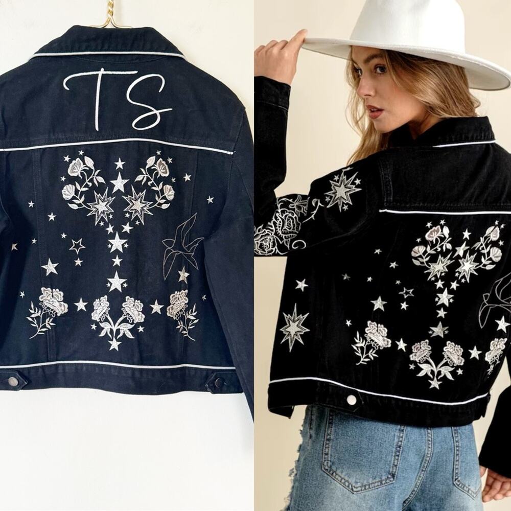 OOAK Custom Taylor Swift Embroidery Black Floral Embroidered Denim Jacket M